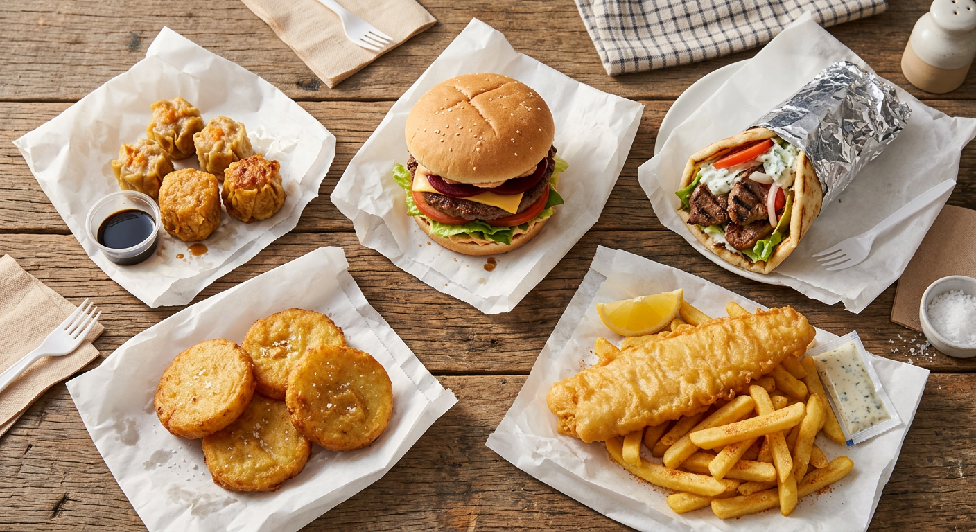A spread of takeaway fish, burgers, potato cakes and dim sims on paper wrappers